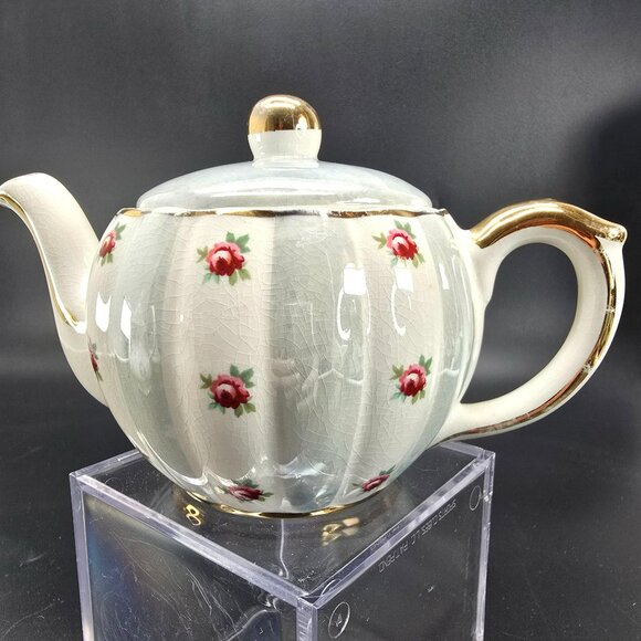 Rose Pumpkin Teapot With Blue and Gold Accents English Staffordshire JJ3837 - Picture 2 of 10